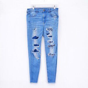 American Eagle Hi-Rise Leggings Super Stretch Distressed Blue‎ Jeans 12R 30 / 28